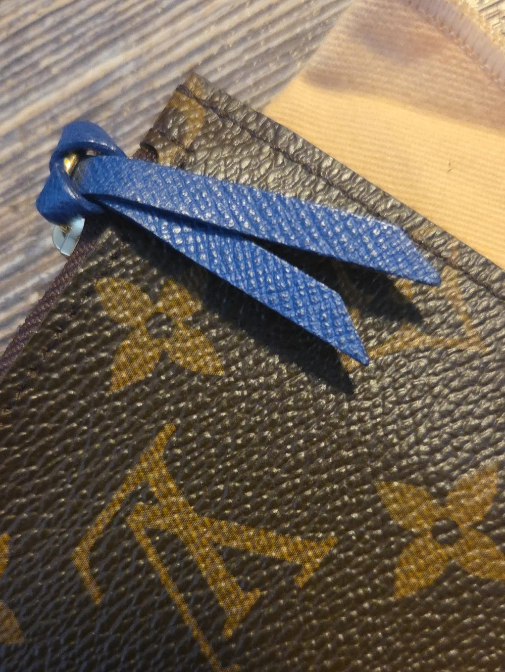 LOUIS VUITTON LV Monogram And Dust Bag Pouch Zipper Closure Blue Pull Beautiful